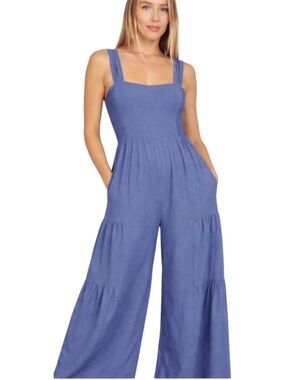 Very J Wide Leg Square Neck Smocked Tiered Jumpsuit